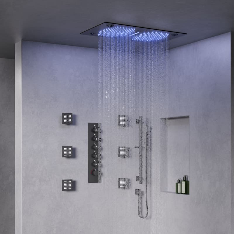 GRANDJOY LUXURY Shower Faucet Set 28"*16" Ceiling Mount Shower Head Body Jets Handheld Spray with Slide Bar LED Music - Matte Black