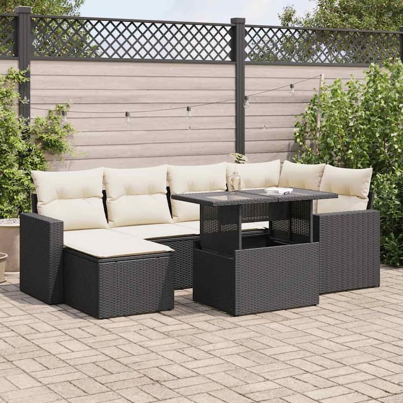 vidaXL Patio Sofa Set with Cushions Outdoor Furniture 7 Piece Poly Rattan - 21.7 x 39.4 x 28.7 - Black and Cream-with storage