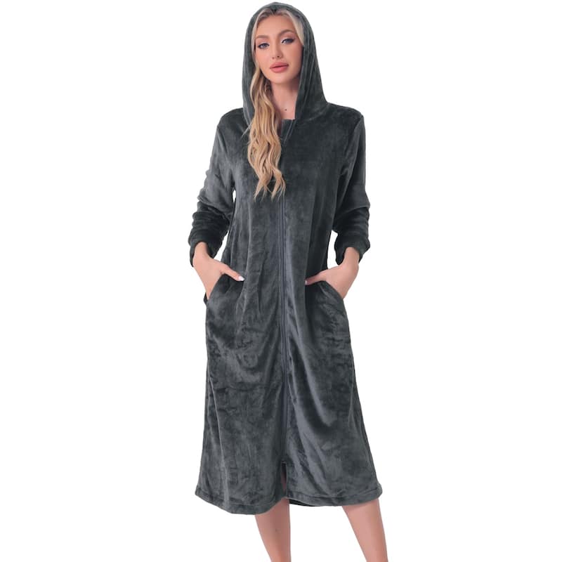 Womens Flannel Robe Fluffy Plush Long Zip Front Bathrobe with Pockets Warm Soft Zippered Bathrobes