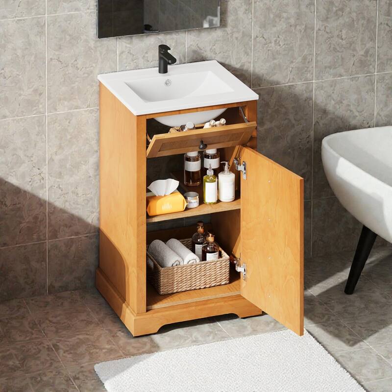 20 Inch Bathroom Vanity with Ceramic Sink, Solid Wood and MDF Bathroom Cabinet with Soft-Close Door