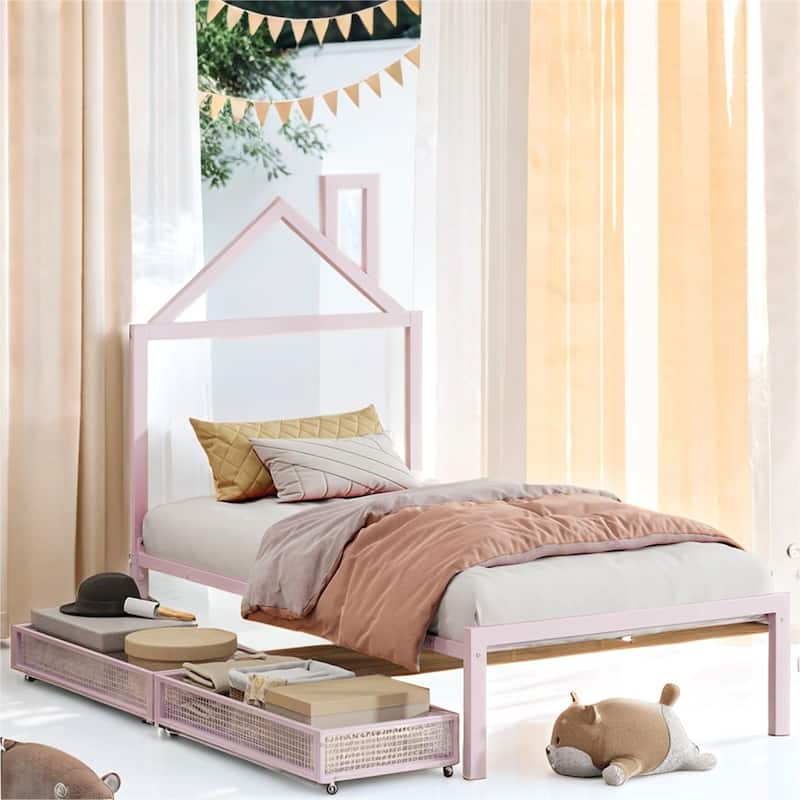 Twin Size House Shaped Metal Platform Bed with Drawers