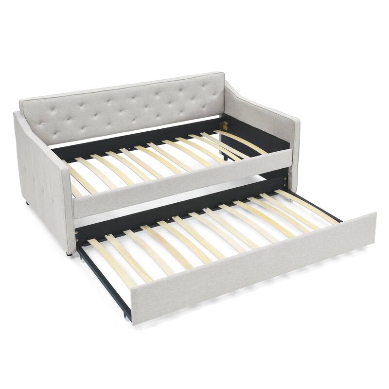 Roomfitters Twin Upholstered Daybed with Twin Trundle, Tufted Backrest and Elegant Waved Arms