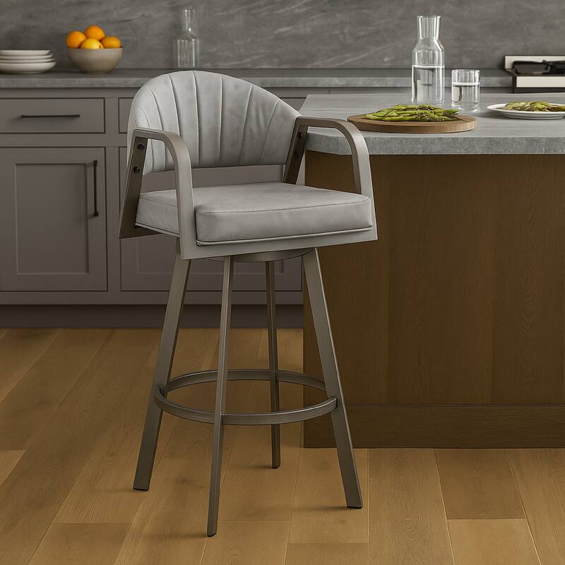Marcy Swivel Barstool Chair, Gray Channel Tufted Faux Leather