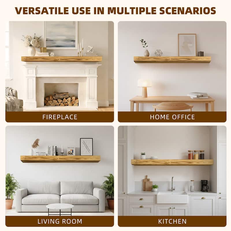 60" Fireplace Mantel, Rustic Fireplace Mantle Shelf with Invisible Brackets, Handcrafted Wood Floating Fireplace Mantel