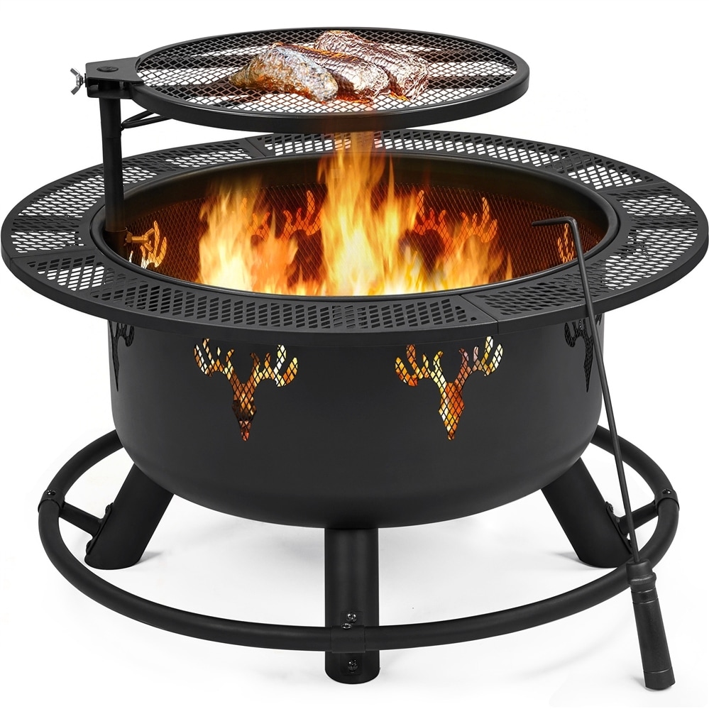 Pyramid Home Decor 30 in. W x 12 in.H Round Outdoor Metal Wood Burning 3-Pieces Fire Pit and Grill for Camping and Cooking in The Patio