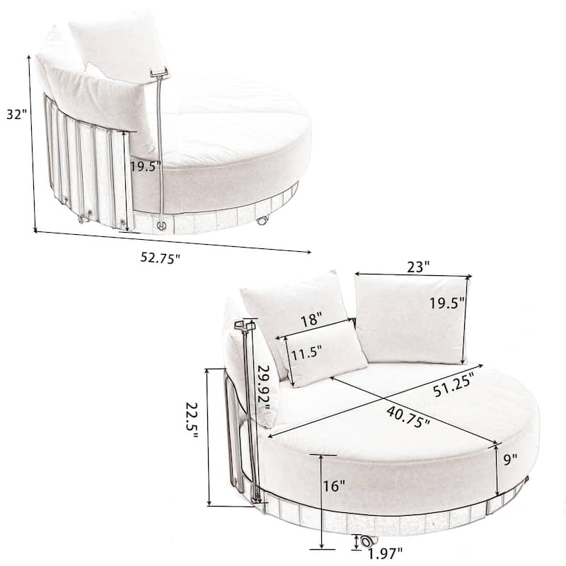 360° Swivel Barrel Chair Round Sofa Chair with Casters and Adjustable Phone Stand, Upholstered in Anti-Wrinkle Polyester Fabric