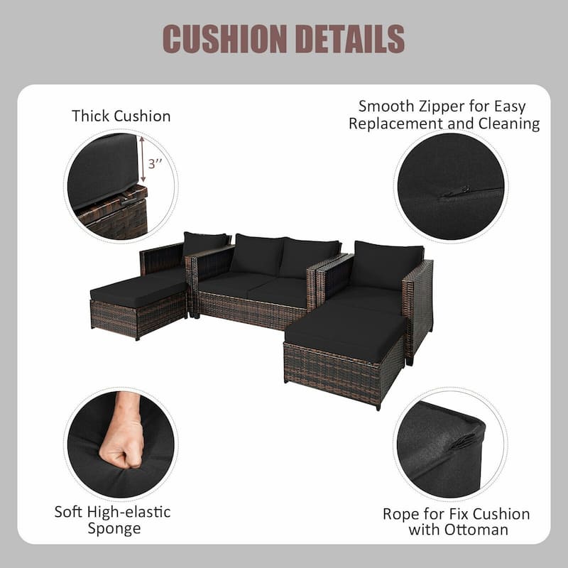 5 Pieces Patio Cushioned Rattan Furniture Set - 50" x 30.5" x 29" (L x W x H)