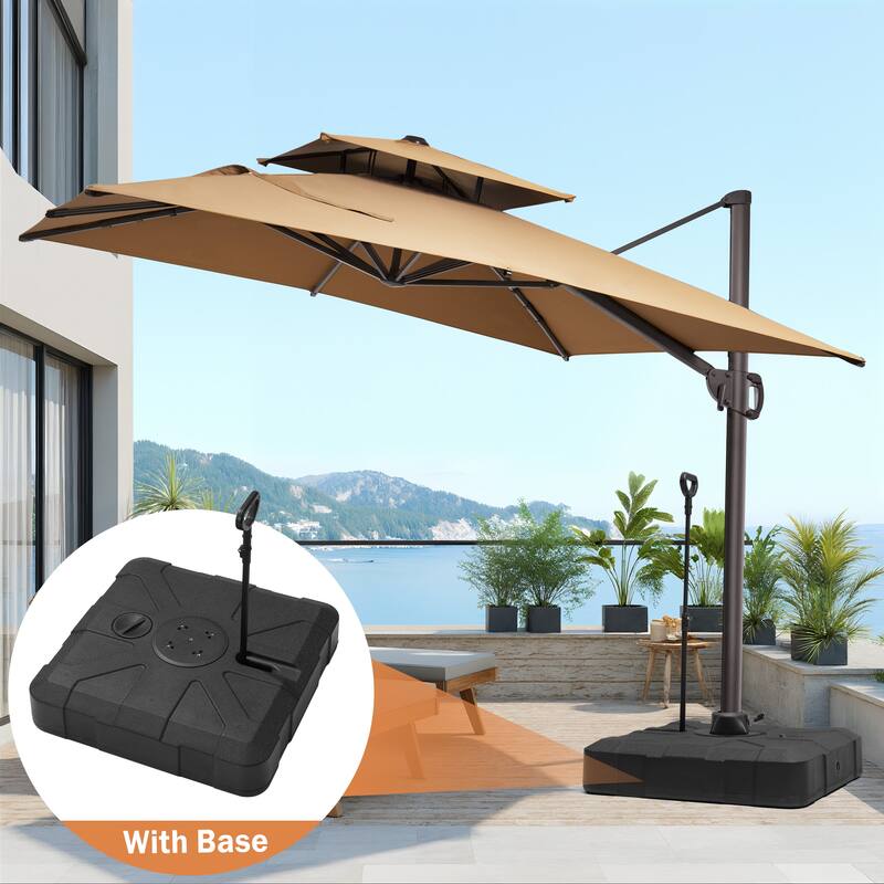 9x11FT Outdoor Patio Dual Top Umbrella Cantilever Offset with Rod Base - Tan
