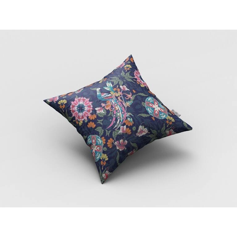 HomeRoots 16" Navy Pink Peacock Indoor Outdoor Throw Pillow