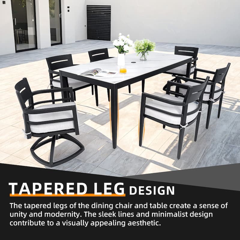 7-Piece Aluminum Dining Set - Black Marble Table 35.5"x71" with 4 Chairs and 2 Swivel Rockers, Ember Black
