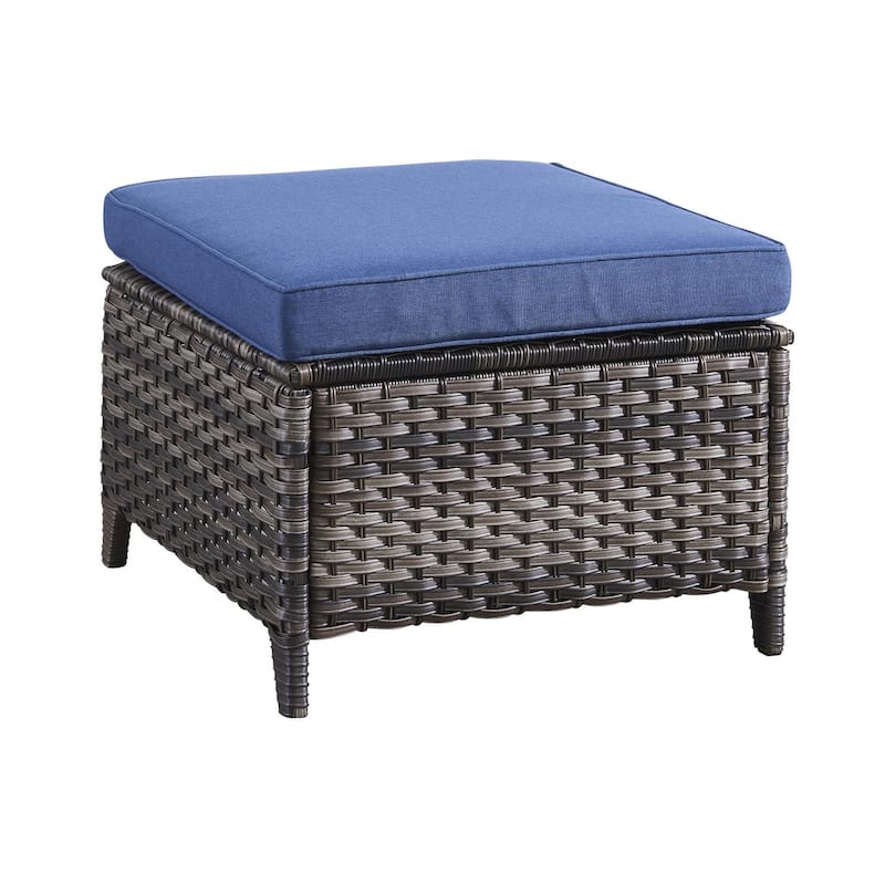 Outdoor Rattan Ottomans Wicker Ottomans with Blue Cushion (Set of 2)