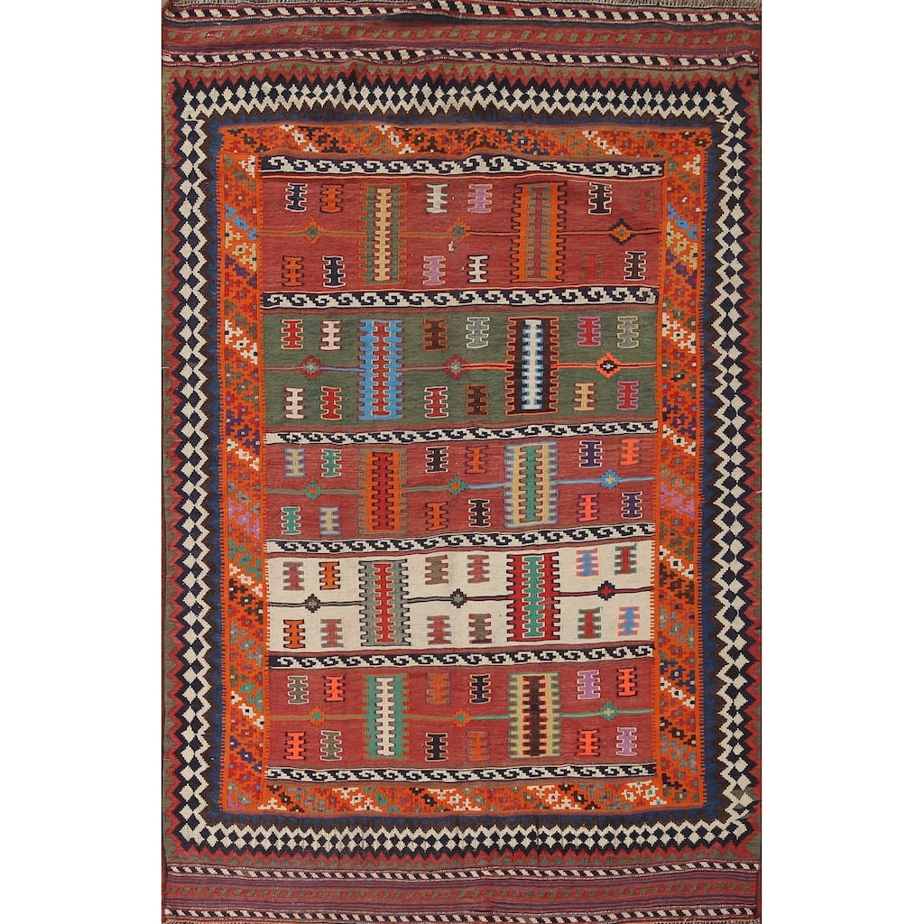 Masterpiece Hand-Woven Vegetable Dye Kilim Qashqai Persian Antique Rug - 5'4"x 8'6"