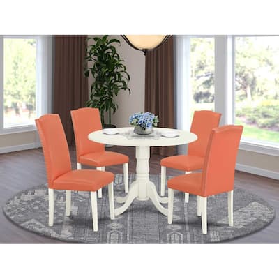 Round Kitchen Table Set 5pc 42 Inch Table w/ Drop Leaves & 4 Pink Flamingo Chairs