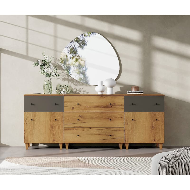 Wood Dresser with 5 Drawers and 2 Cabinets for Bedroom, 83" Wide - Oak Brown