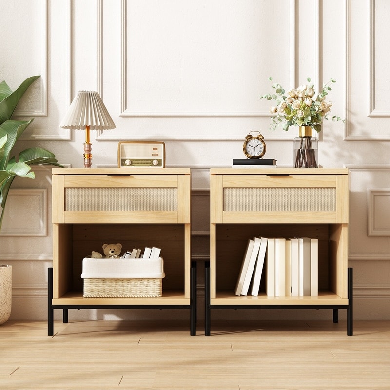 EROMMY Set of 2 Rattan Nightstands, Boho Woven Bedside Table with Drawer and Open Storage Shelf, End Side Table for Bedroom