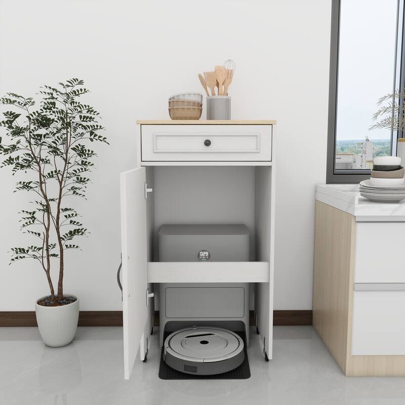 Robot Vacuum Storage Stand – Rolling Cabinet with Doors/Drawers, Antique White Finish