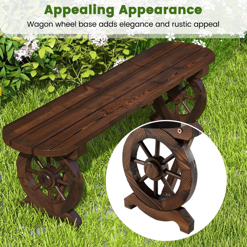 Gymax Rustic Wood Bench w/ Wagon Wheel Base Slatted Seat Design 710