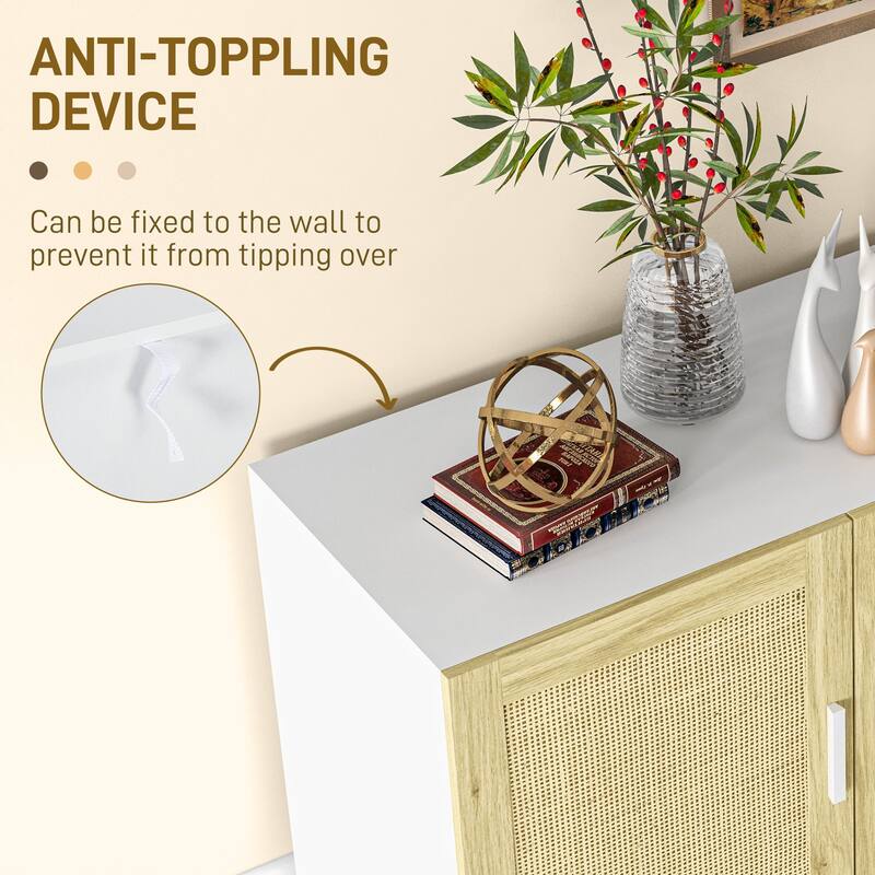 Boho Sideboard Buffet Cabinet with 3-Rattan Doors and Adjustable Shelves, White & Natural