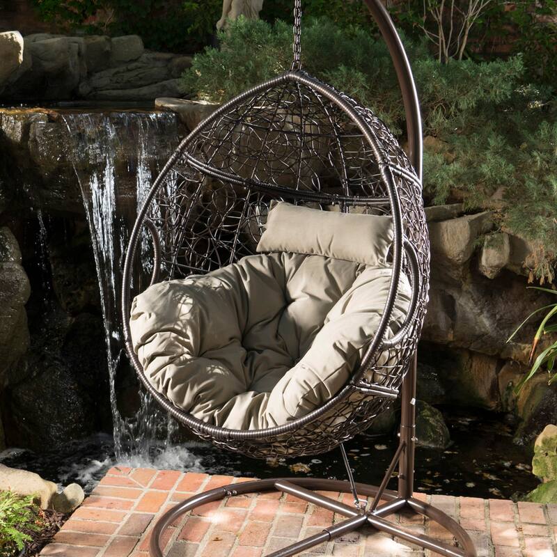 Waterproof Outdoor Wicker Hanging Basket Chair with Cushions, Hammock Seat - 300 lbs Capacity