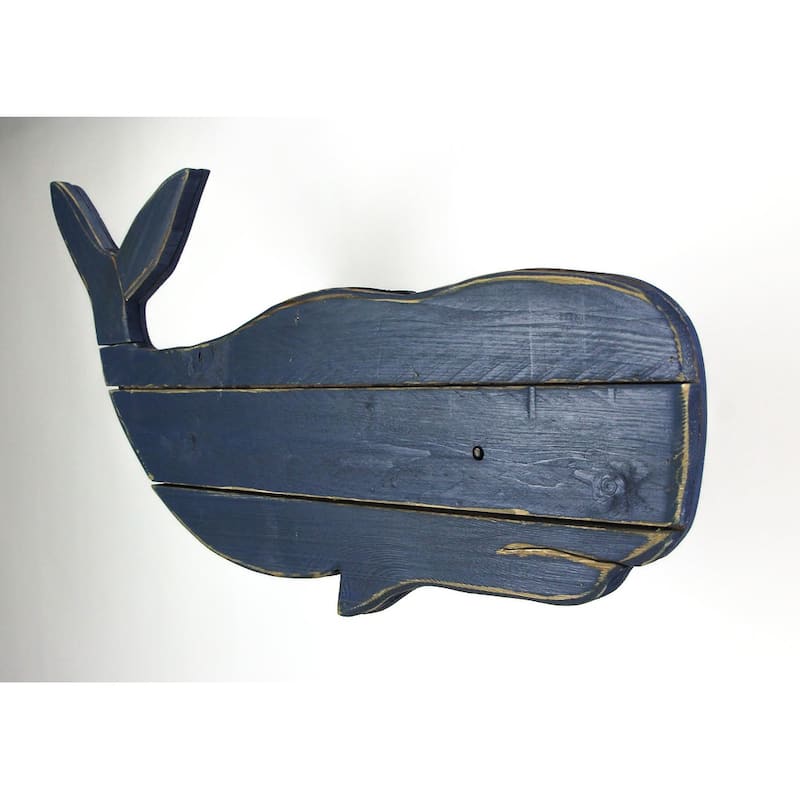 30 Inch Distressed Blue Carved Wood Whale Wall Hanging Decorative