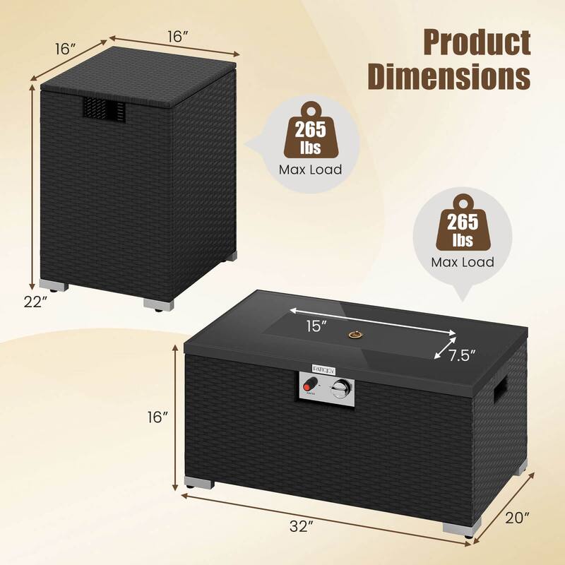Costway 2 PCS Outdoor Rattan Fire Table Set with Tank Cover Tempered - See Details