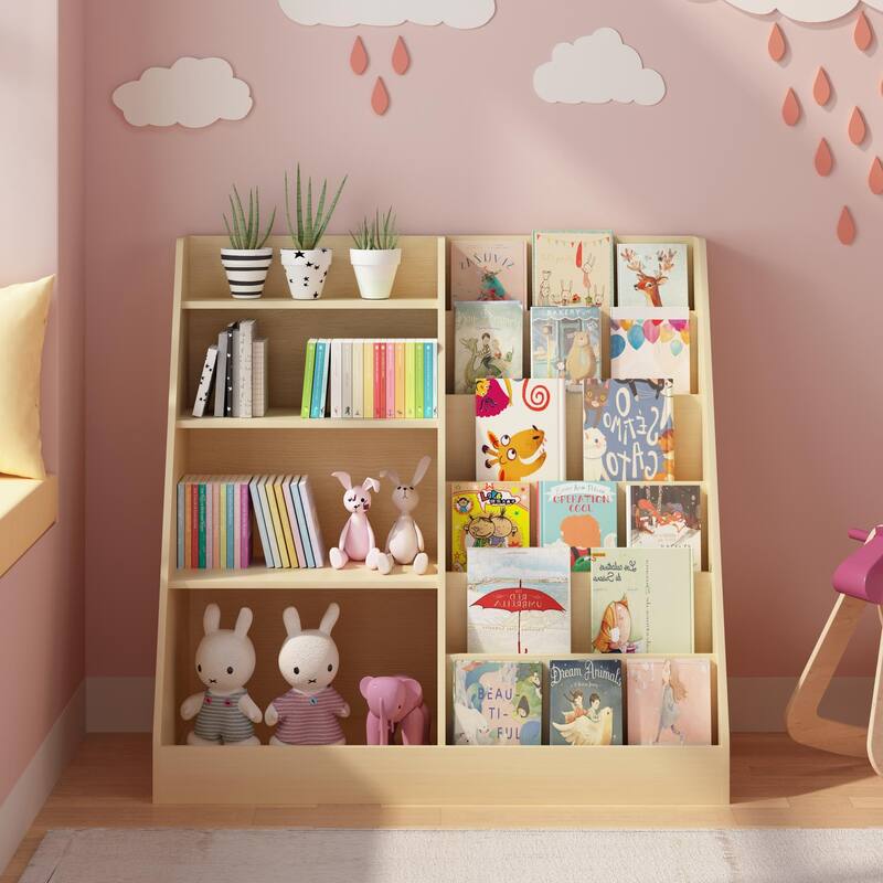 Kids Bookshelf and Toy Storage Organizer, Multifunctional 4 Tier Wooden Kids Book Shelf with Bookcase Display Stand
