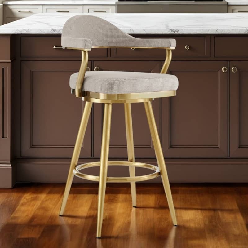 HomeRoots 26" Taupe and Gold Fabric and Stainless Steel Counter Height Swivel Bar Chair - Counter Height - Single - Gray