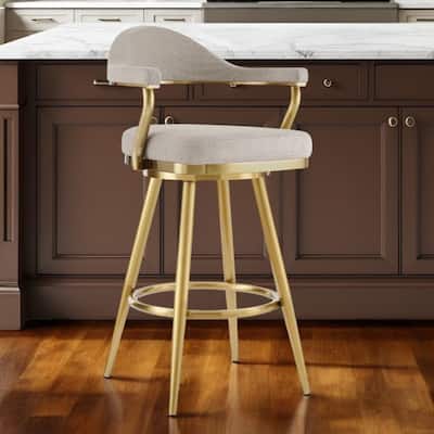 HomeRoots 26" Taupe and Gold Fabric and Stainless Steel Counter Height Swivel Bar Chair