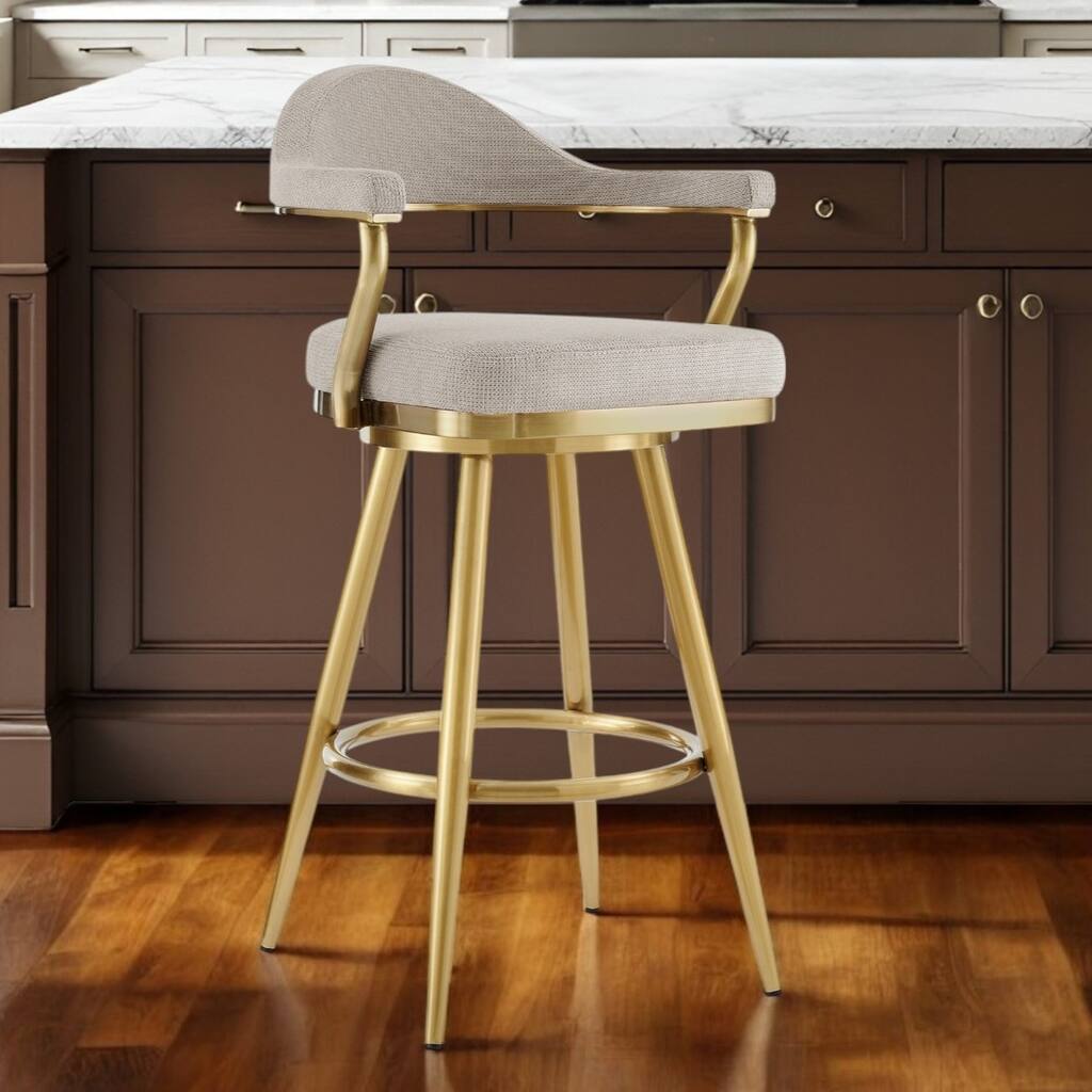 HomeRoots 26" Taupe and Gold Fabric and Stainless Steel Counter Height Swivel Bar Chair