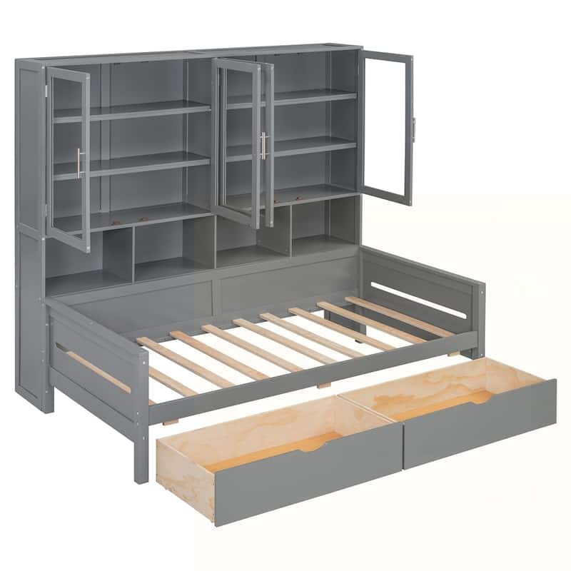 Wooden Daybed with Glass-Door Storage Cabinets and Built-in LED Lighting