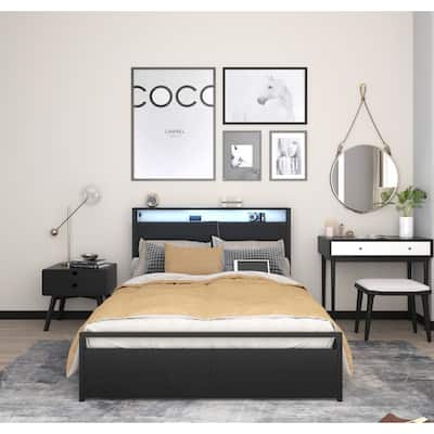 Full Size Bed Frame with LED Lights,Charging Station and 2 Drawers