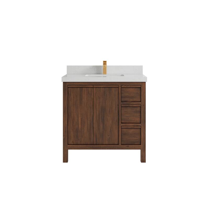 Willow Collections 36 in. W x 22 in. D Elizabeth Solid Teak Wood Center Sink Bathroom Vanity with Countertop - 2" Carrara Quartz - Dark Walnut