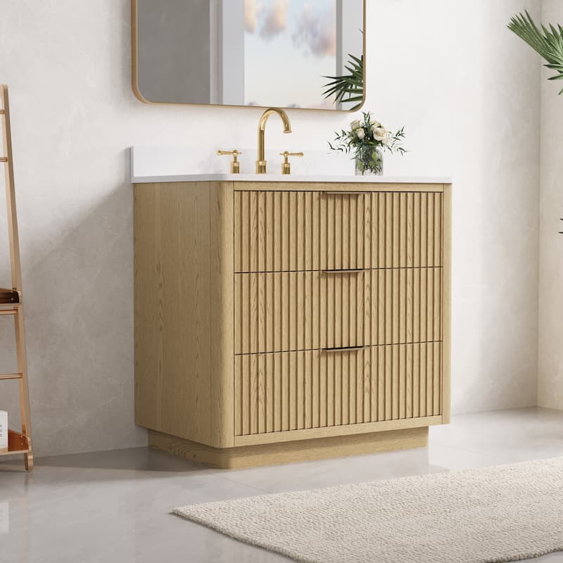 35''H Solid Wood Bathroom Vanity With Stain-resistant Carrera White Quartz Top and Sink