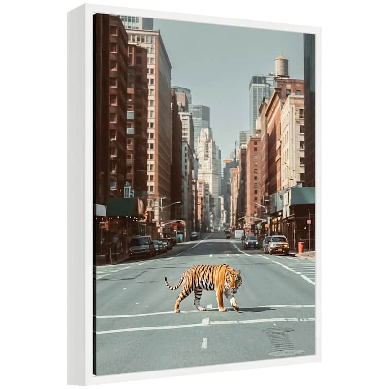 Kate and Laurel Sylvie Urban Tiger in the City Framed Canvas by Michael Schauer - 18x24 - White