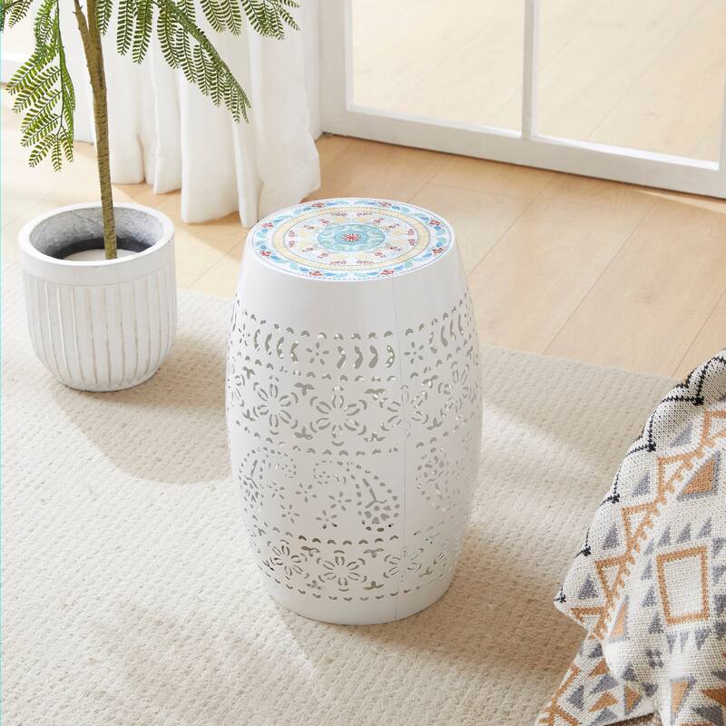 18.25" Modern Round Side Table with Boho Pattern Ceramic Tile Top and Unique Color Iron Frame - White