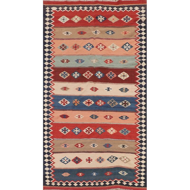 Striped Geometric Kilim Qashqai Persian Rug Hand-Woven Wool Carpet - 5'3"x 9'11"