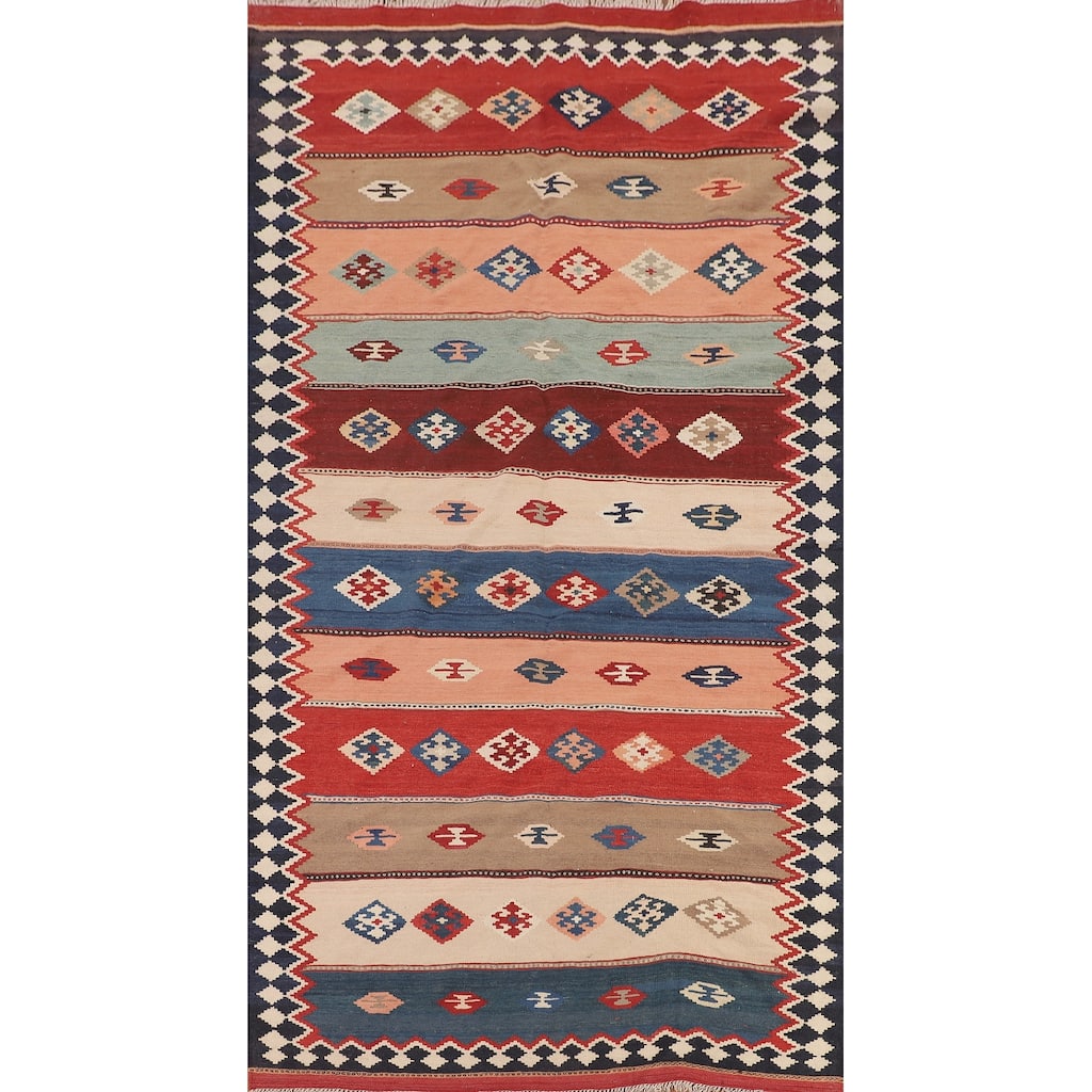 Striped Geometric Kilim Qashqai Persian Rug Hand-Woven Wool Carpet - 5'3"x 9'11"