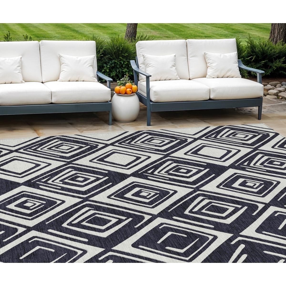 8' X 10' Black And Ivory Geometric Washable Indoor Outdoor Area Rug - 9'3" x 12'3"