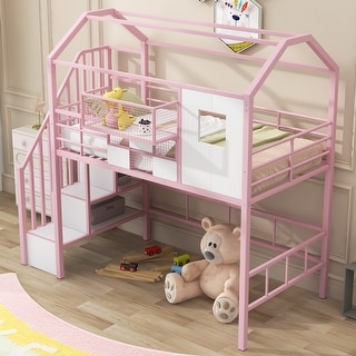 Twin Loft Bed with Roof, Storage Box, Integrated Ladder & Safety Guardrails, Pink