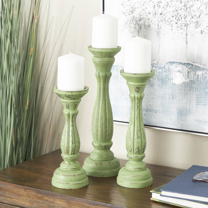 Gray, Green, Brown or Blue Wooden Distressed Turned Decorative Candle Holder (Set of 3) - Green