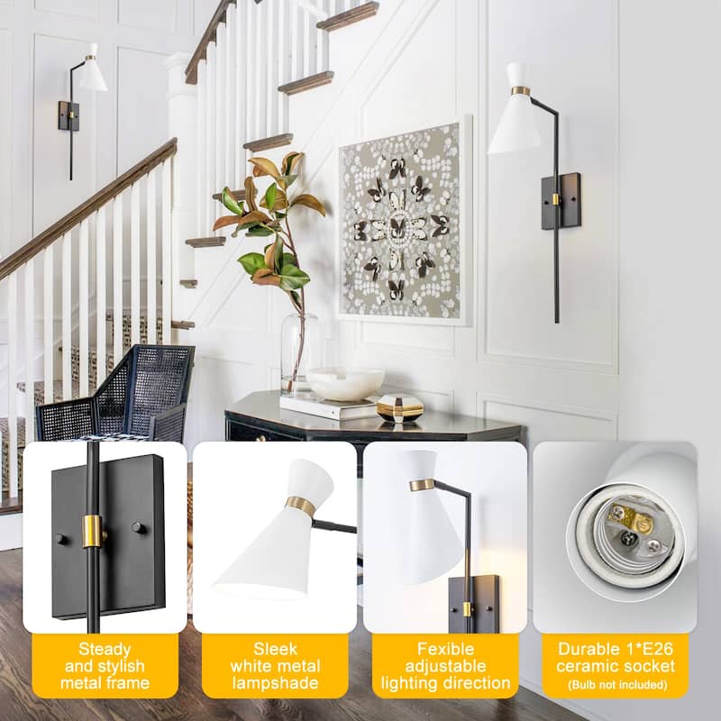 1-Light Black Indoor Wall Sconce with White Cone Metal Shade Modern