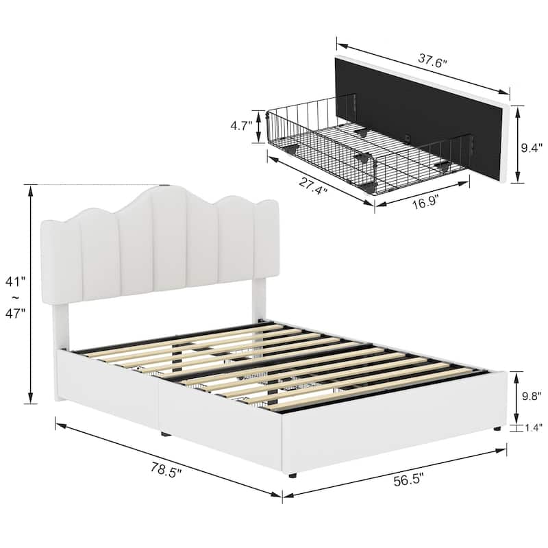 VECELO Upholstered Storage Bed Frames with Charging Stations and 4 Rolling Drawers on Both Sides Vertical Stripe Design