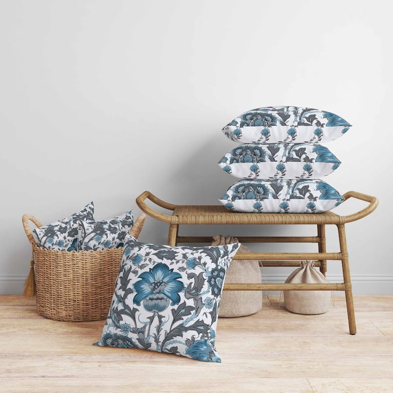 Mughal Era Garden Treasures Faux Suede Reversible Throw Pillow Grey and Blue