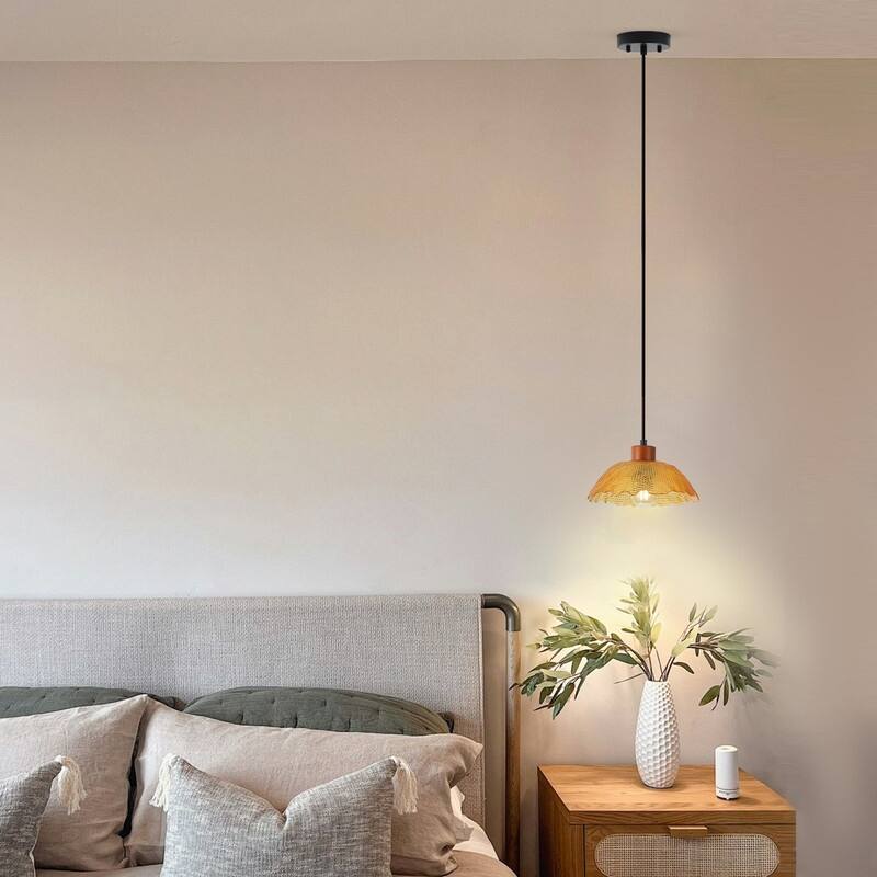 Modern 1 Light Amber Glass Pendant Light Electroplated Brass Ceiling Fixture