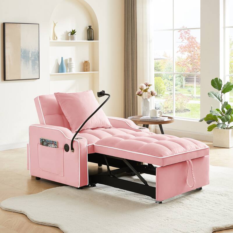 Convertible Pull-Out Chair Bed with USB Ports, Adjustable Backrest & Cup Holder - Pink
