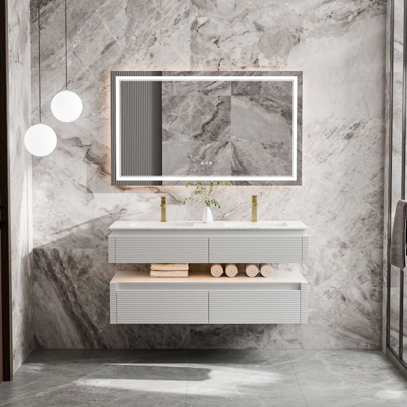Modland 48" Modern Wall-Mounted Double Sink Bathroom Vanity with Engineered Stone Countertop,LED Light - White