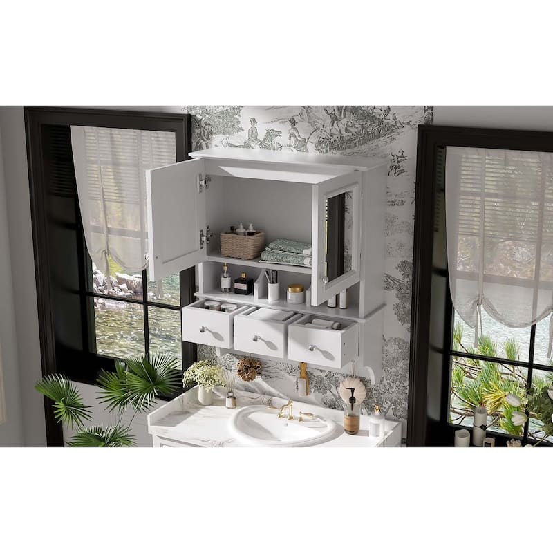 4-in-1 Bathroom Mirror Cabinet,24"Wall Mounted Medicine Cabinet with Drawers & Organizer Hooks,High-Define Mirrors with Storage