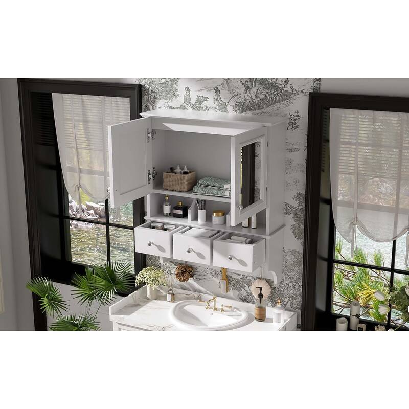 Anmytek 24 Inch 4 in 1 Bathroom Mirror Cabinet Wall Mounted Medicine Cabinet with Drawers and Organizer Hooks