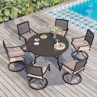 MAISON ARTS 7-Piece Patio Dining Set , Large Round Dining Table with Umbrella Hole & Metal Swivel Dining Chairs