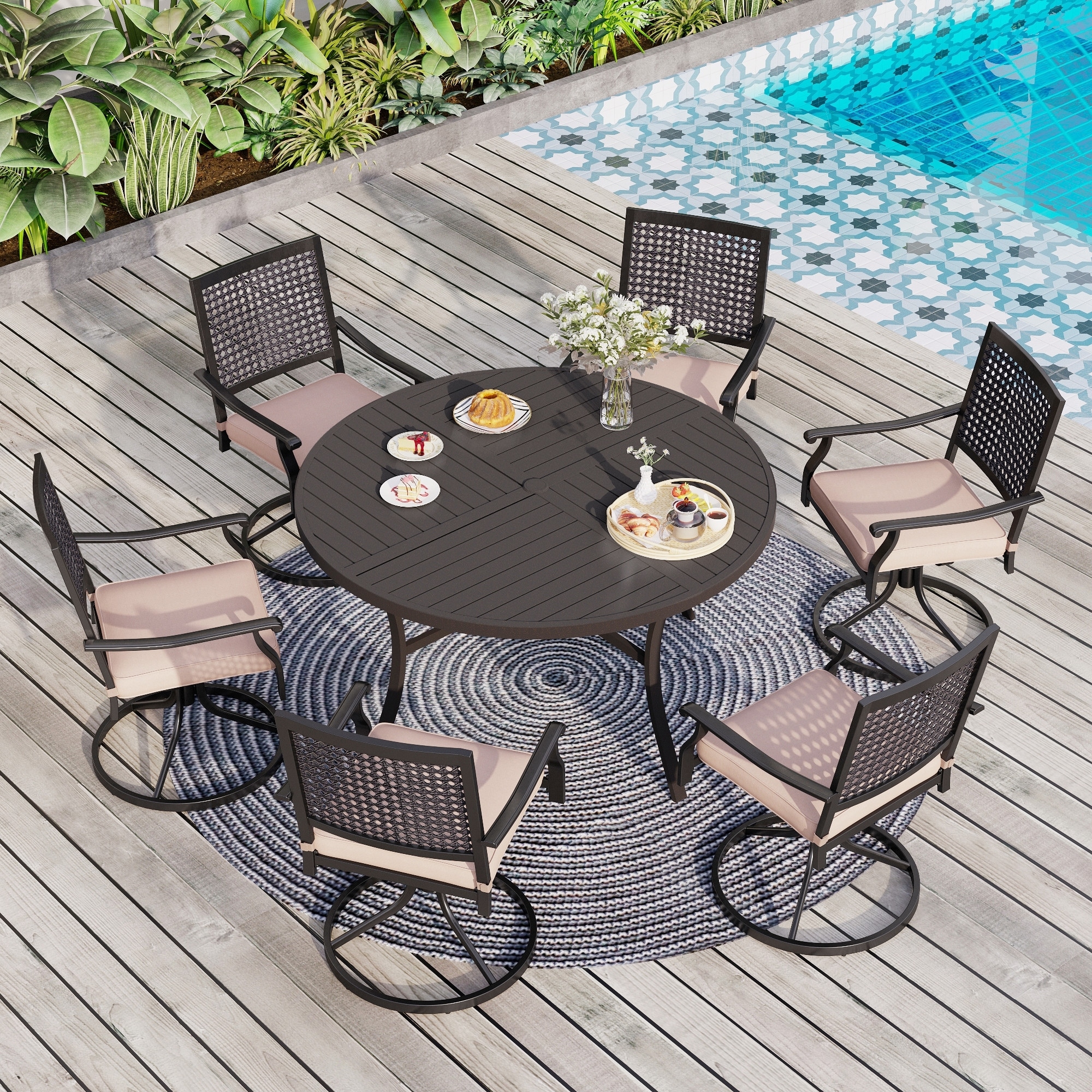 7 Piece Patio Dining Set Large Round Dining Table with Umbrella Hole Metal Swivel Dining Chairs